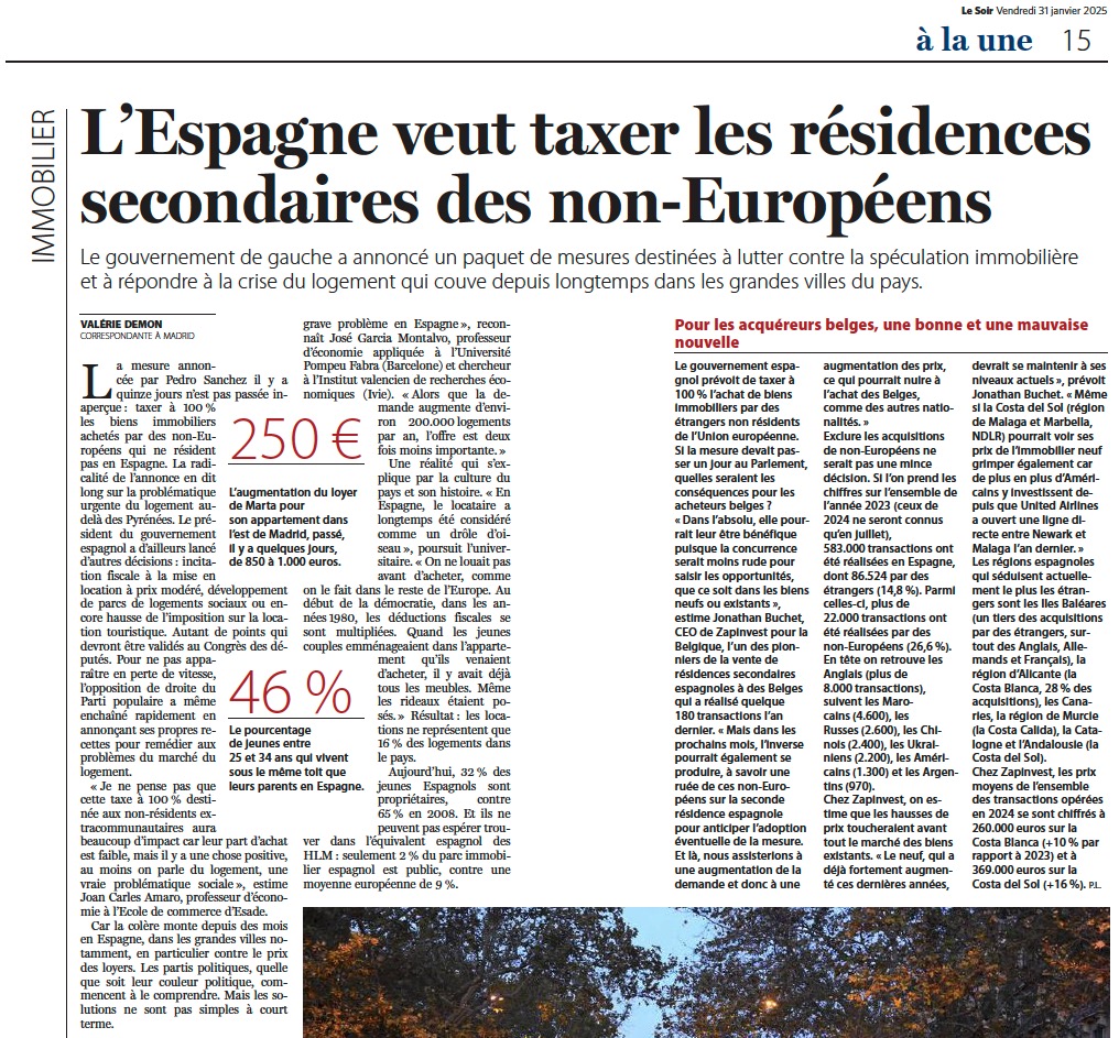 2025 01 31 LeSoir l Espagne veut taxer les résidences secondaires 2